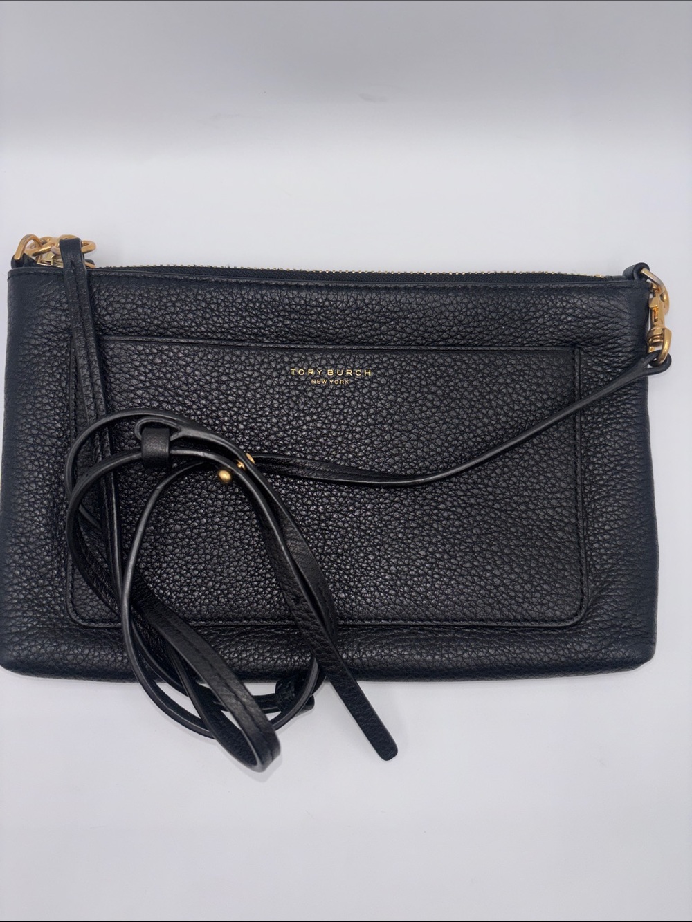 Tory Burch New York Black Pebbled Leather Slim Crossbody with Gold Hardware